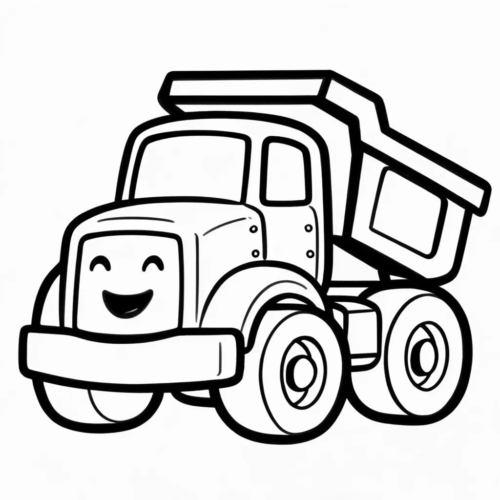 Toddler coloring page of a cheerful dump truck with very thick outlines