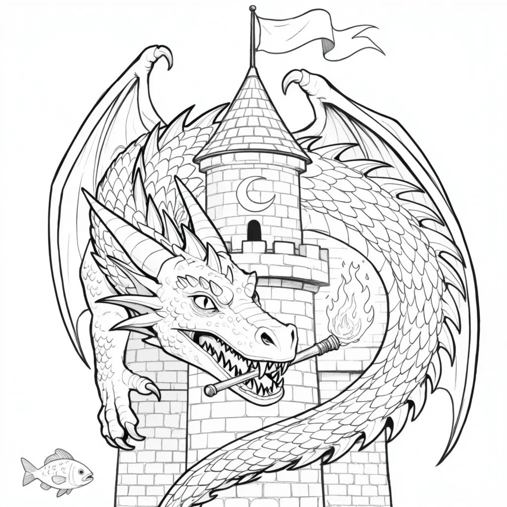 Coloring page of a dragon curled around a castle tower