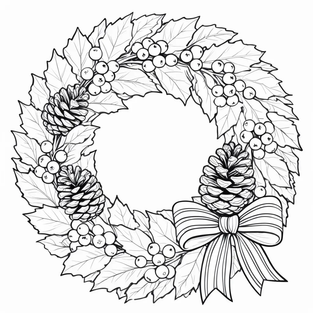 Holiday coloring page of a festive wreath with berries and leaves