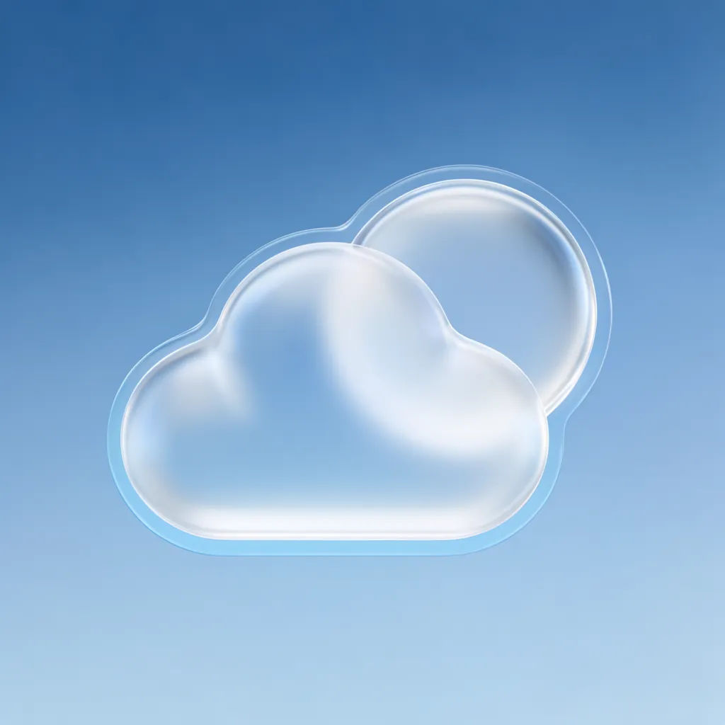 Glassmorphism weather icon with frosted cloud and sun on a blue tile