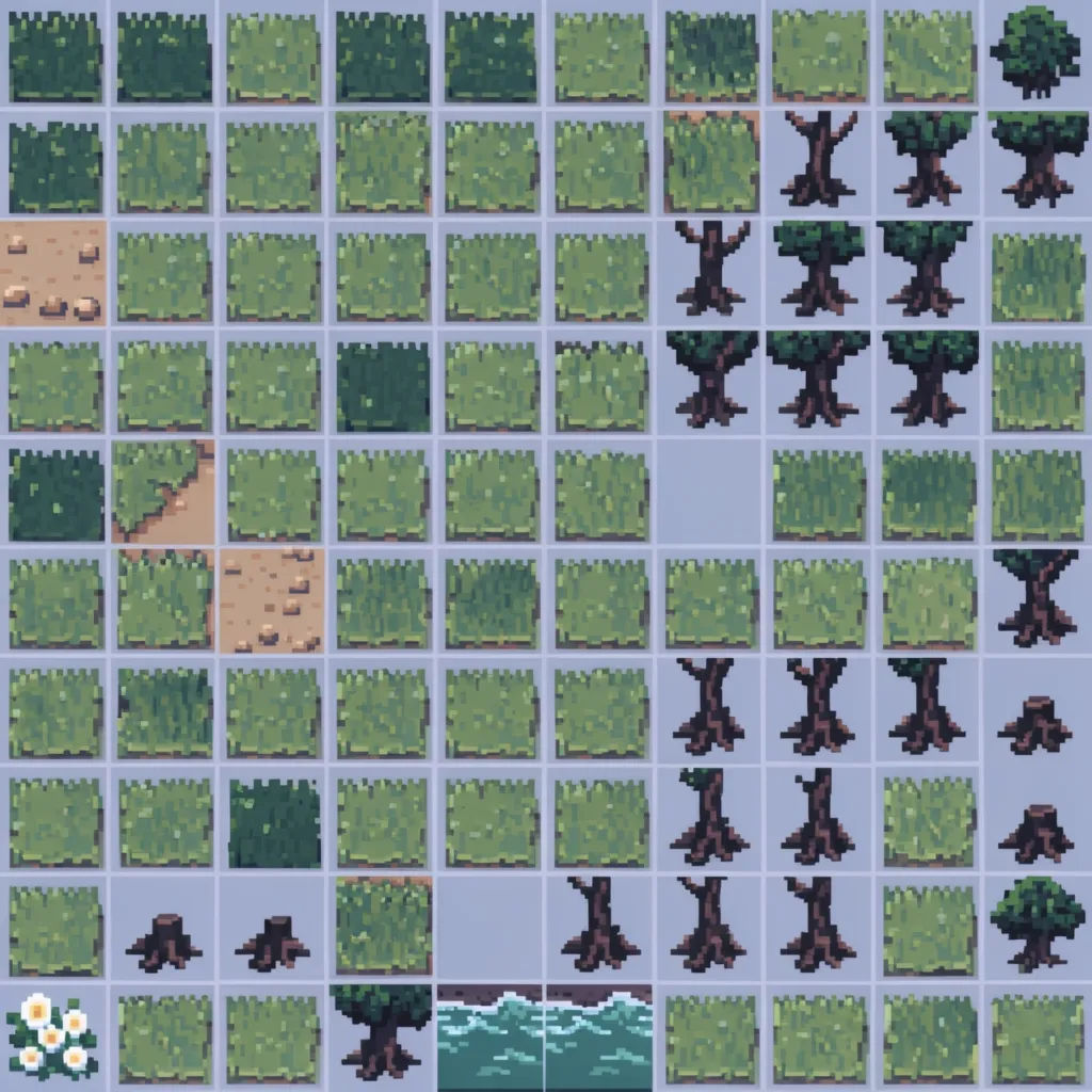 Top-down forest tileset with grass, dirt path, trees, and water edge tiles