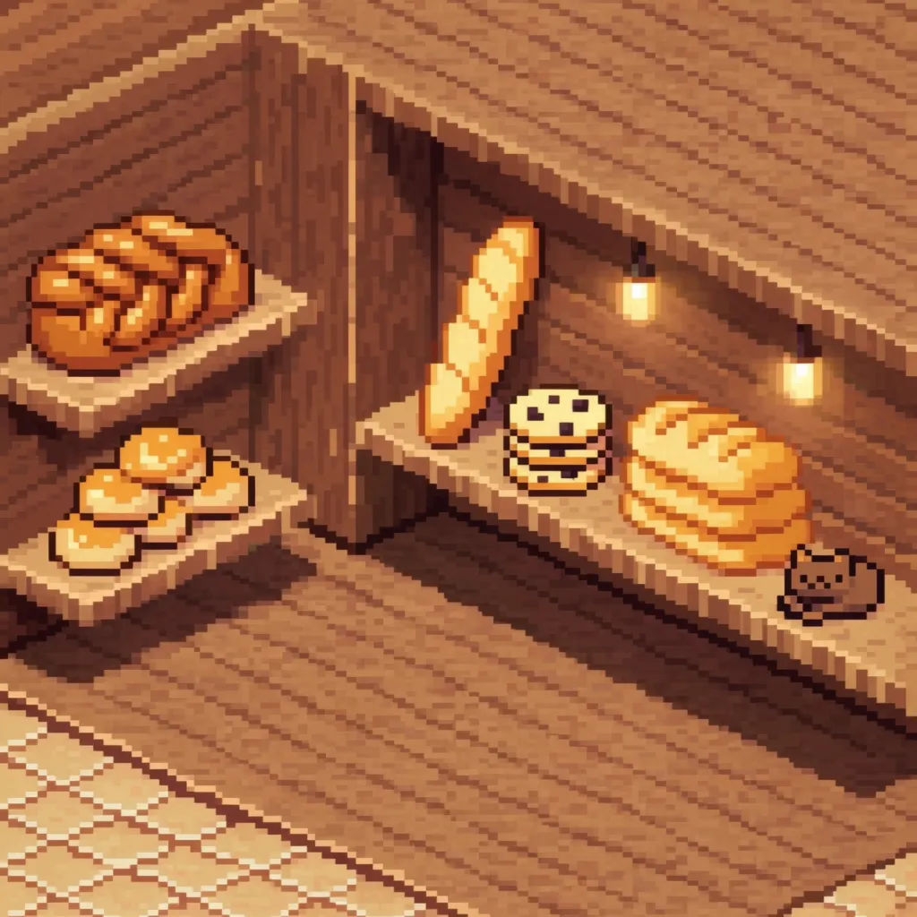 Isometric pixel art bakery interior with warm lamps and wooden shelves
