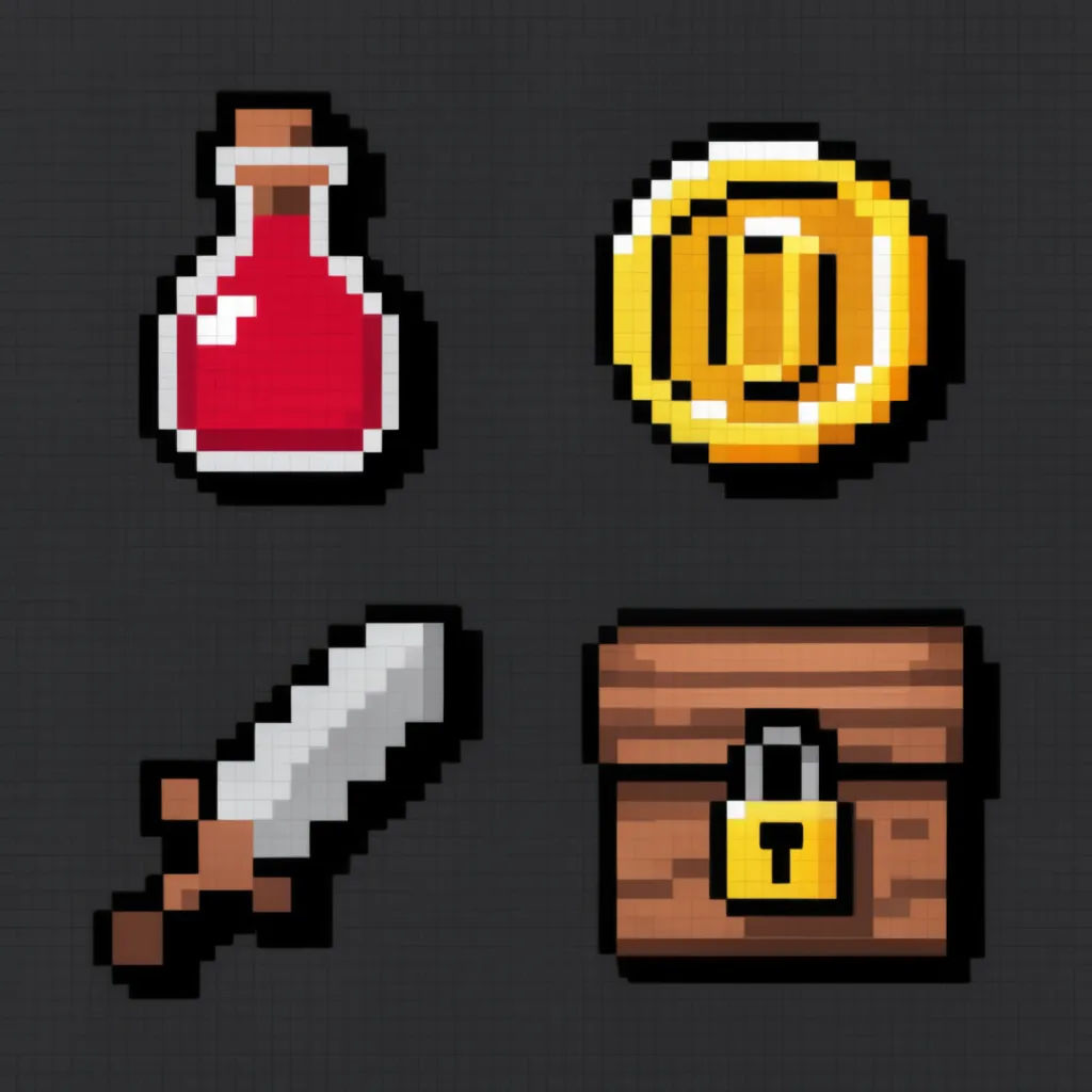 Pixel art item icon set with a potion, coin, sword, and treasure chest