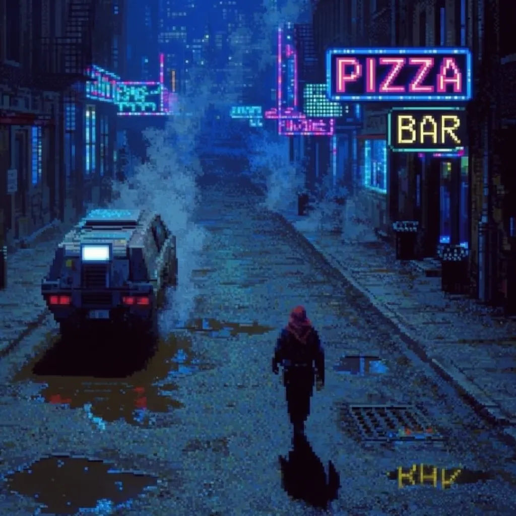 Cyberpunk pixel city street at night with neon signs and rain puddles