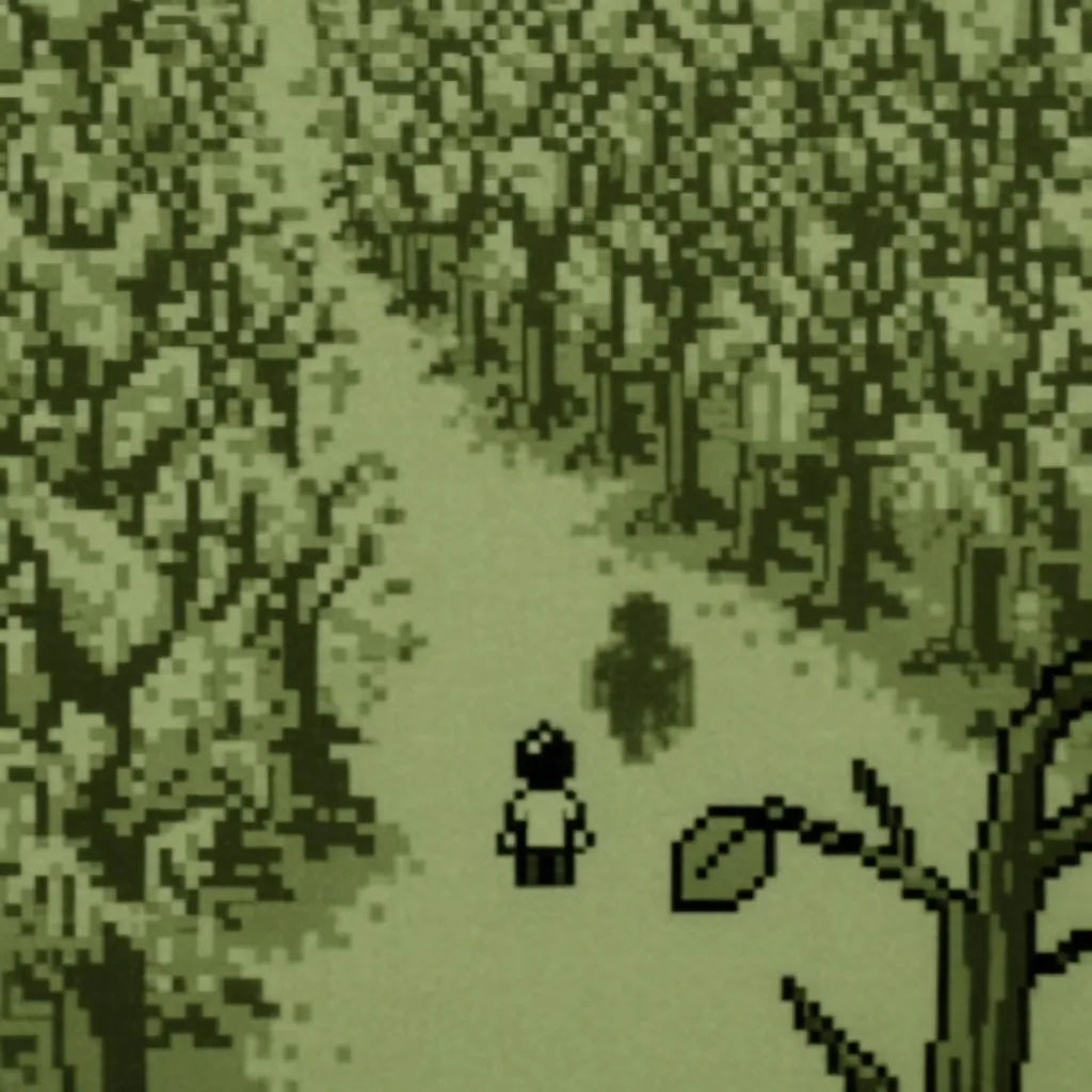 Monochrome Game Boy style forest scene in a 4-shade green palette