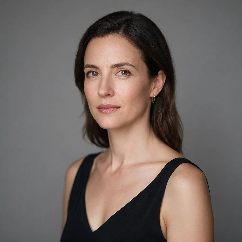 Studio portrait of a woman on a gray backdrop with soft key and rim light