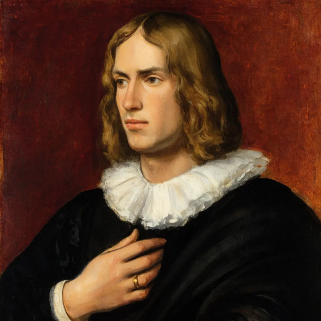 Renaissance oil-painted portrait of a young man in warm chiaroscuro light