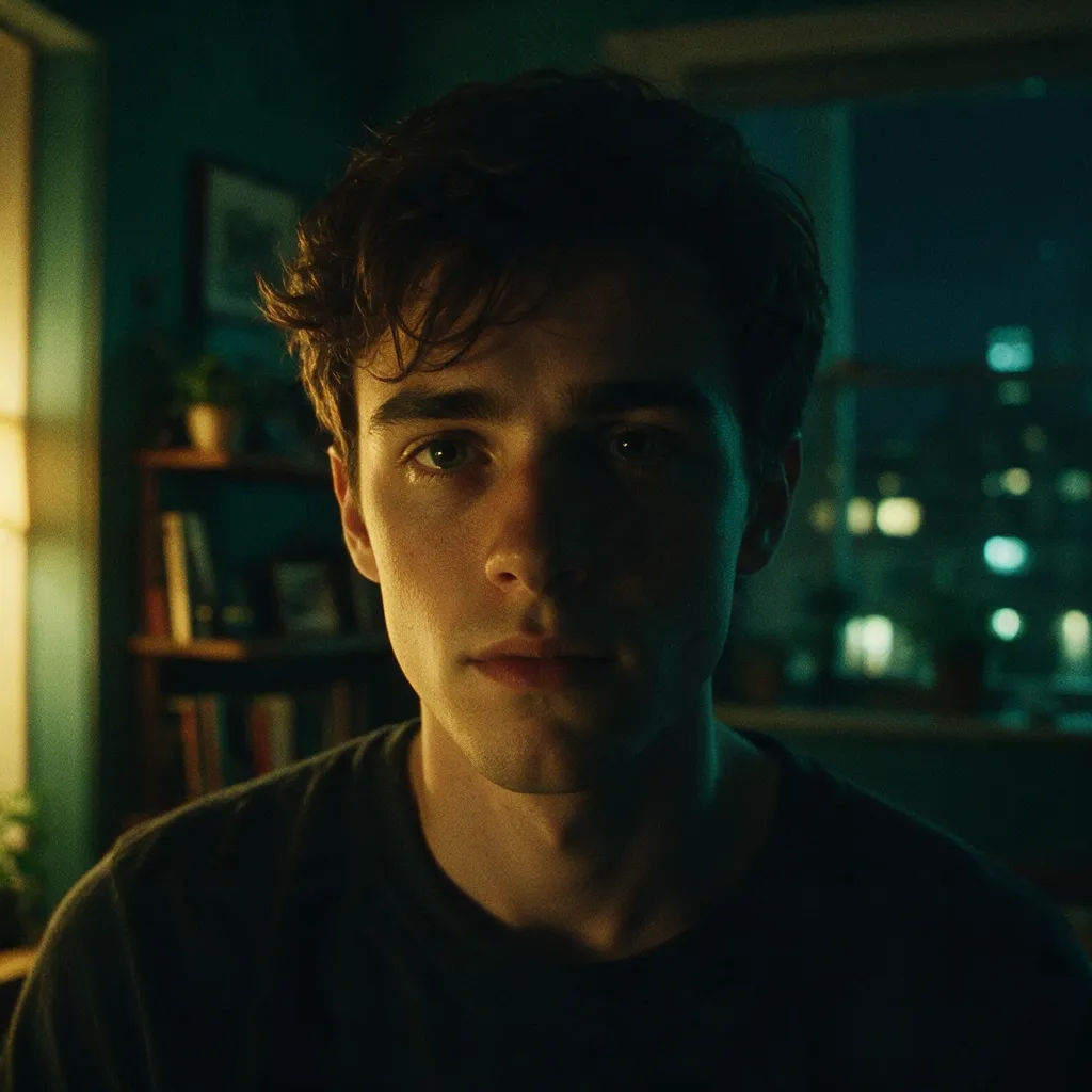 Cinematic close-up portrait with teal and amber color grade and film grain