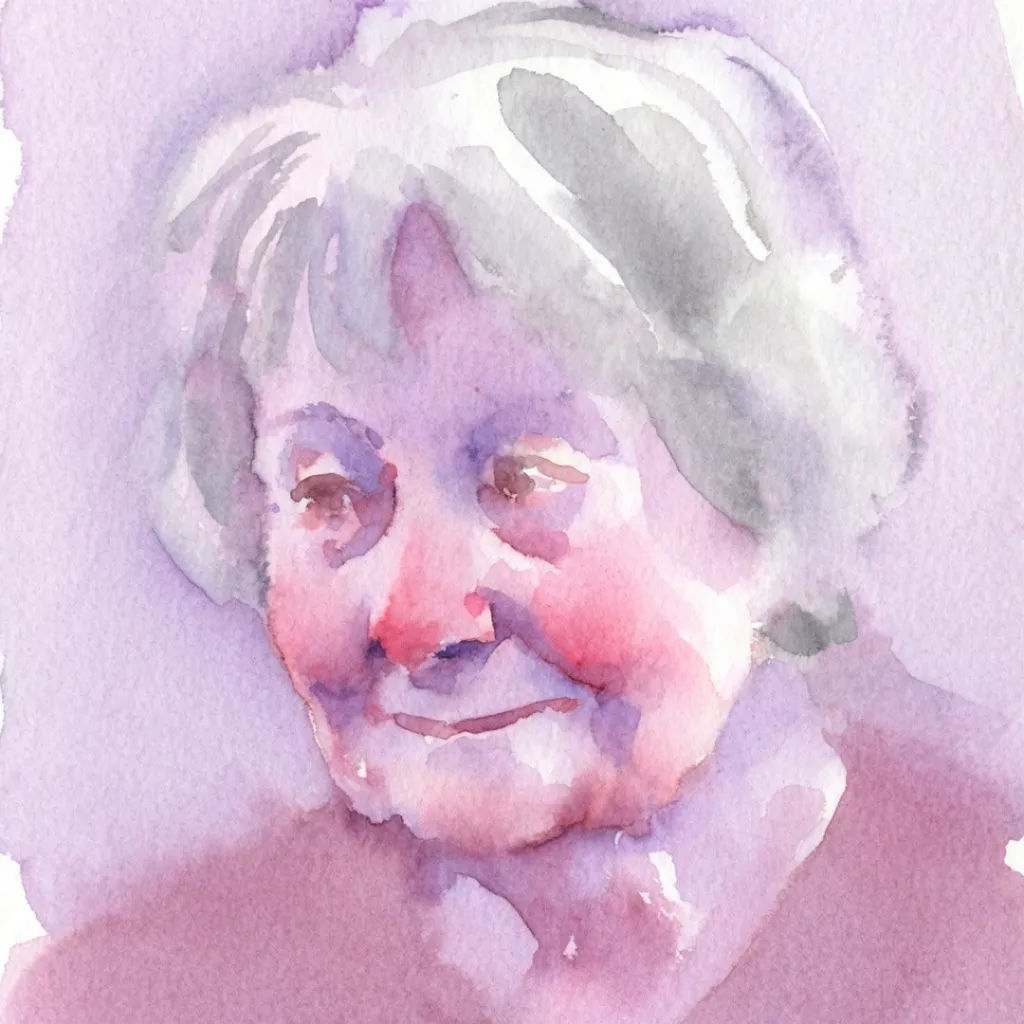 Watercolor portrait of an older woman in a soft pastel palette