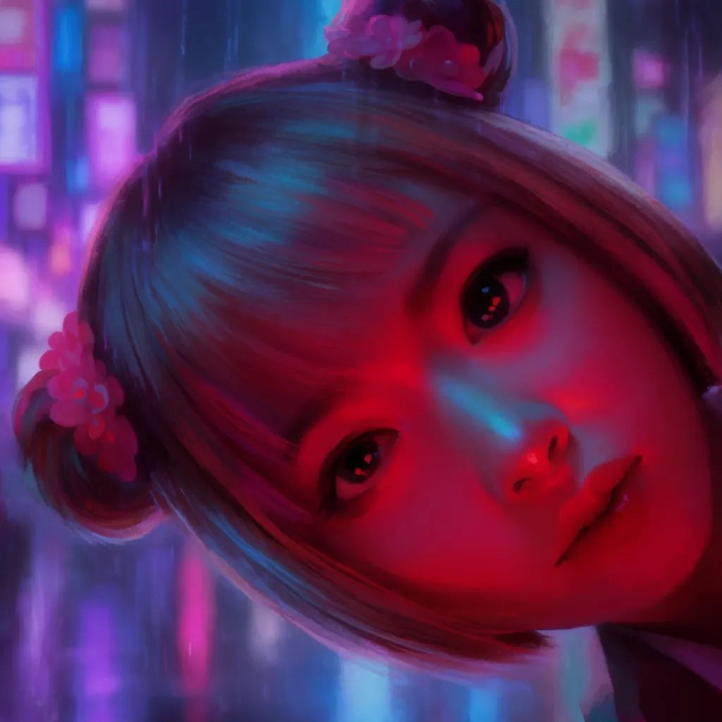 Cyberpunk portrait lit by magenta and cyan neon against a rainy city backdrop