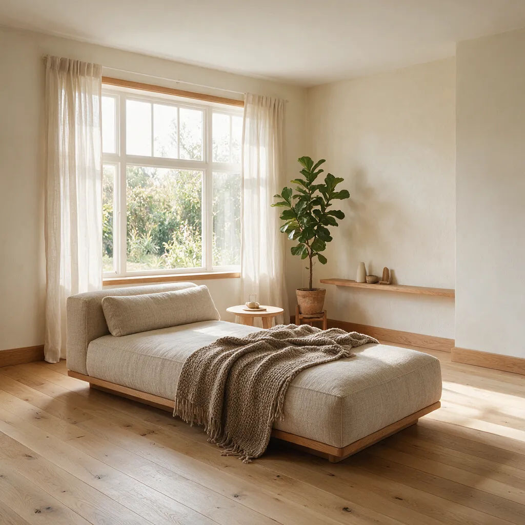 Scandinavian living room with pale oak floor and linen sofa in soft daylight