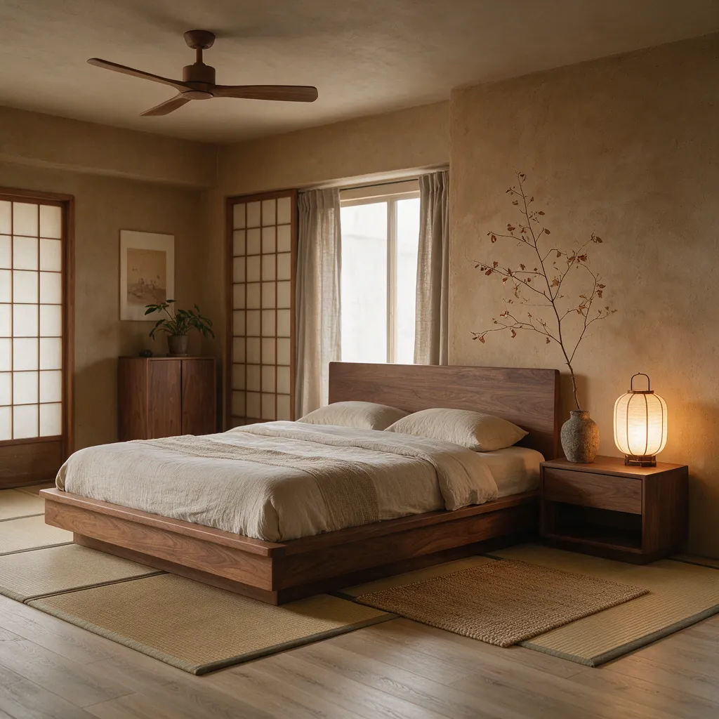 Japandi bedroom with a low platform bed and muted clay walls