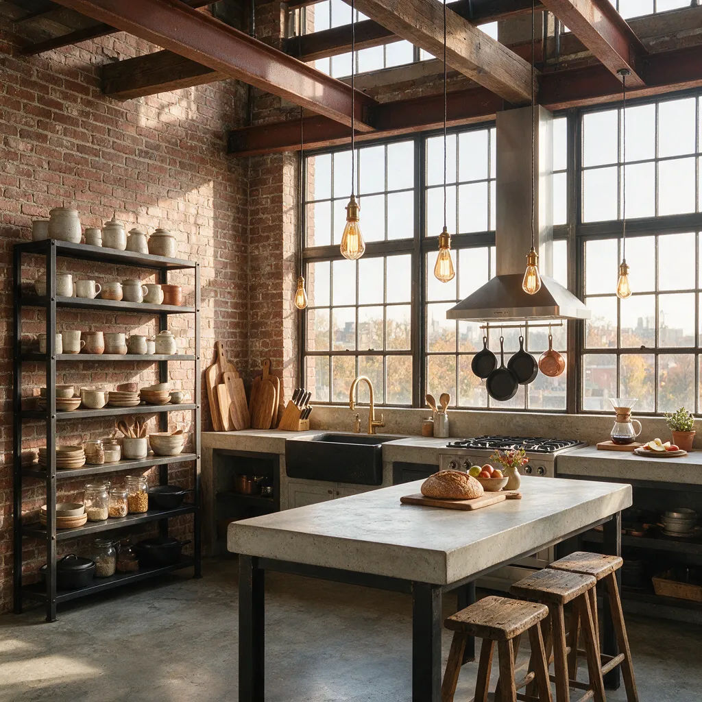 Industrial loft kitchen with exposed brick and black steel shelving