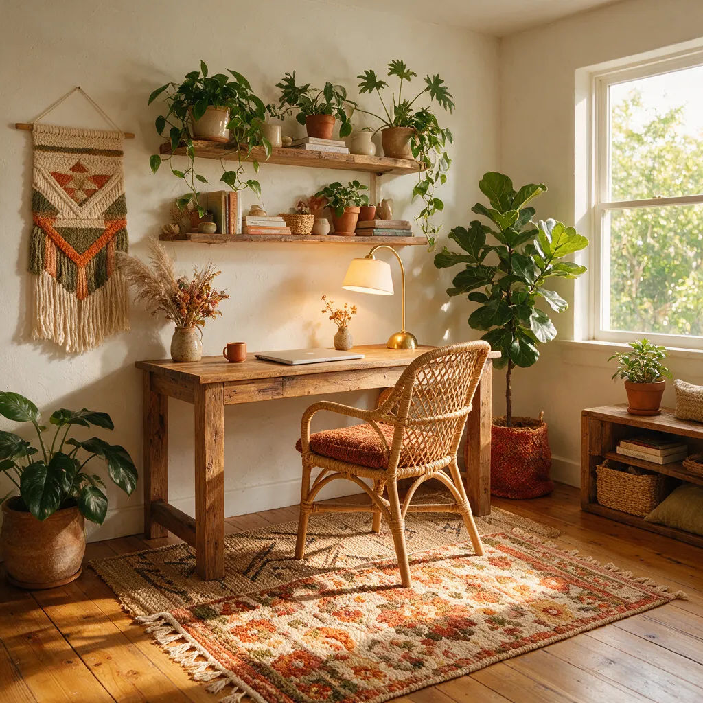 Boho home office with a rattan chair, hanging plants, and warm terracotta tones