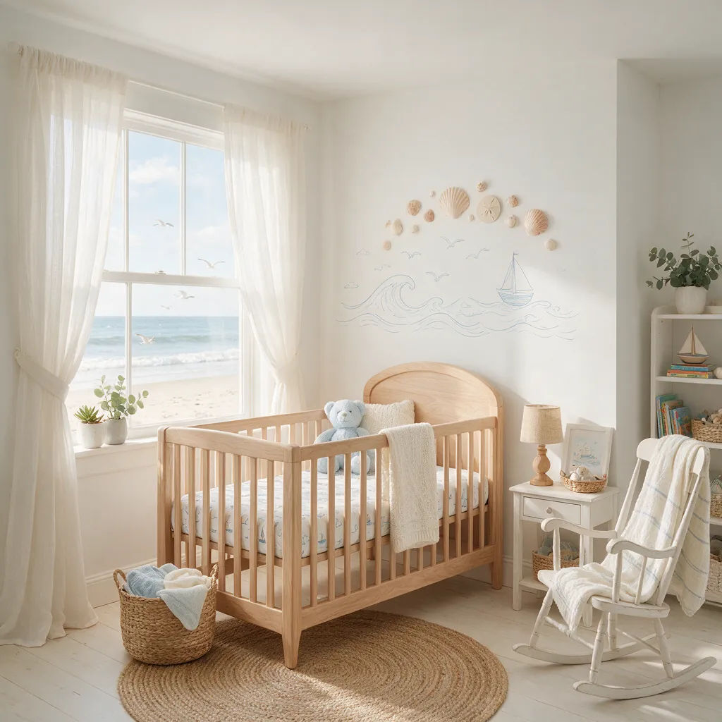 Coastal nursery with white walls, a wood crib, and pale blue accents