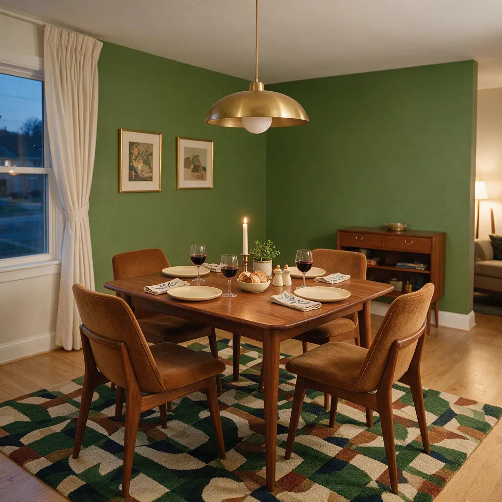 Mid-century dining room with a walnut table and brass pendant light