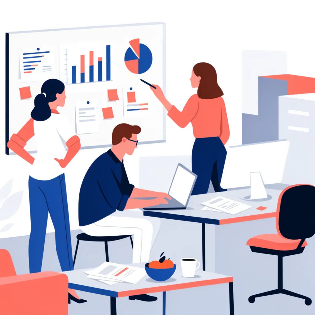 Flache Vektor-Illustration von drei Kolleg:innen, die um ein Whiteboard herum planen