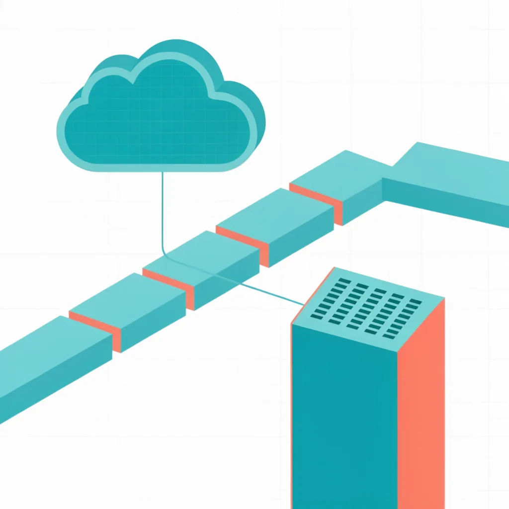Isometrische Illustration einer Cloud-Datenpipeline in Petrol und Koralle