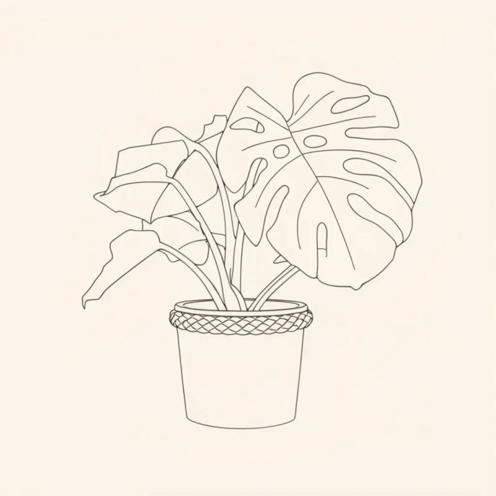 Ilustração em line art de traço único de uma planta jiboia em um vaso