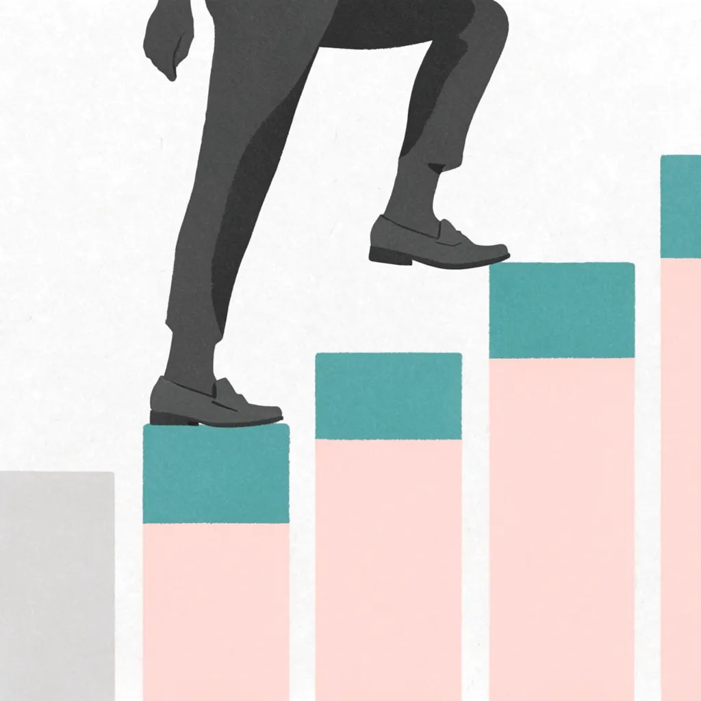 Editoriale Illustration einer Figur, die ein aus Treppenstufen bestehendes Balkendiagramm erklimmt