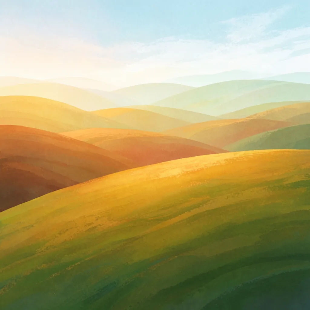 Gouache-Illustration sanfter Hügel bei Sonnenaufgang mit malerischer Textur