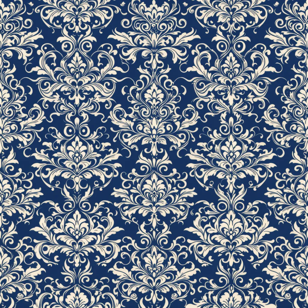 Nahtloses elfenbeinfarbenes Damast-Ornament auf tiefem Marineblau