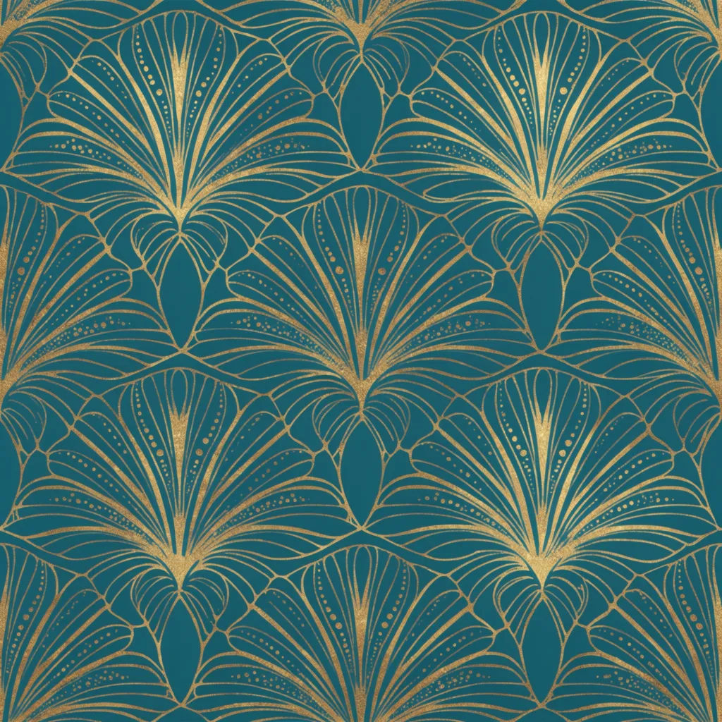 Nahtloses Art-deco-Muster mit goldenen Fächern und Sonnenmotiven auf Petrol