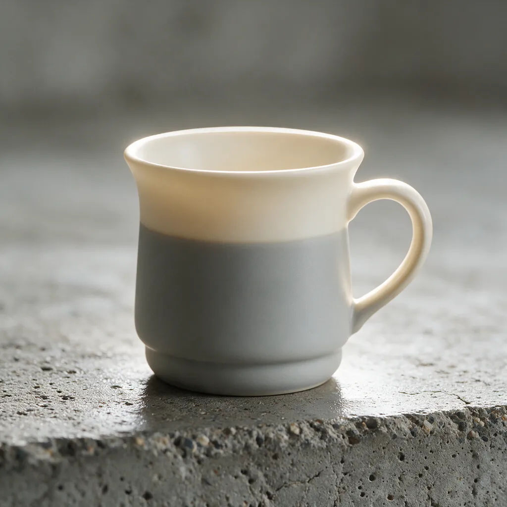 Fotoreale matte Keramiktasse auf Beton mit weichem Streiflicht