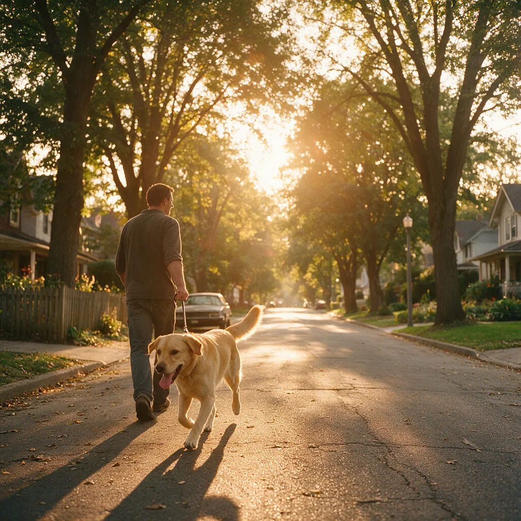 Fotoreale Lifestyle-Szene zur goldenen Stunde mit Person und Hund