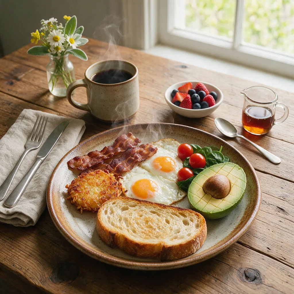 Fotorealer Food-Hero eines rustikalen Frühstücksteller von oben