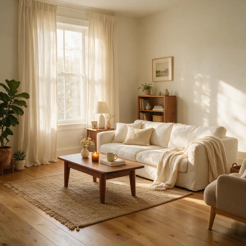 Fotoreales sonniges Wohnzimmer-Interieur mit Leinensofa und Eichenboden