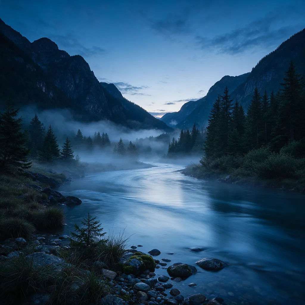 Fotoreale Berglandschaft zur blauen Stunde mit leichtem Nebel