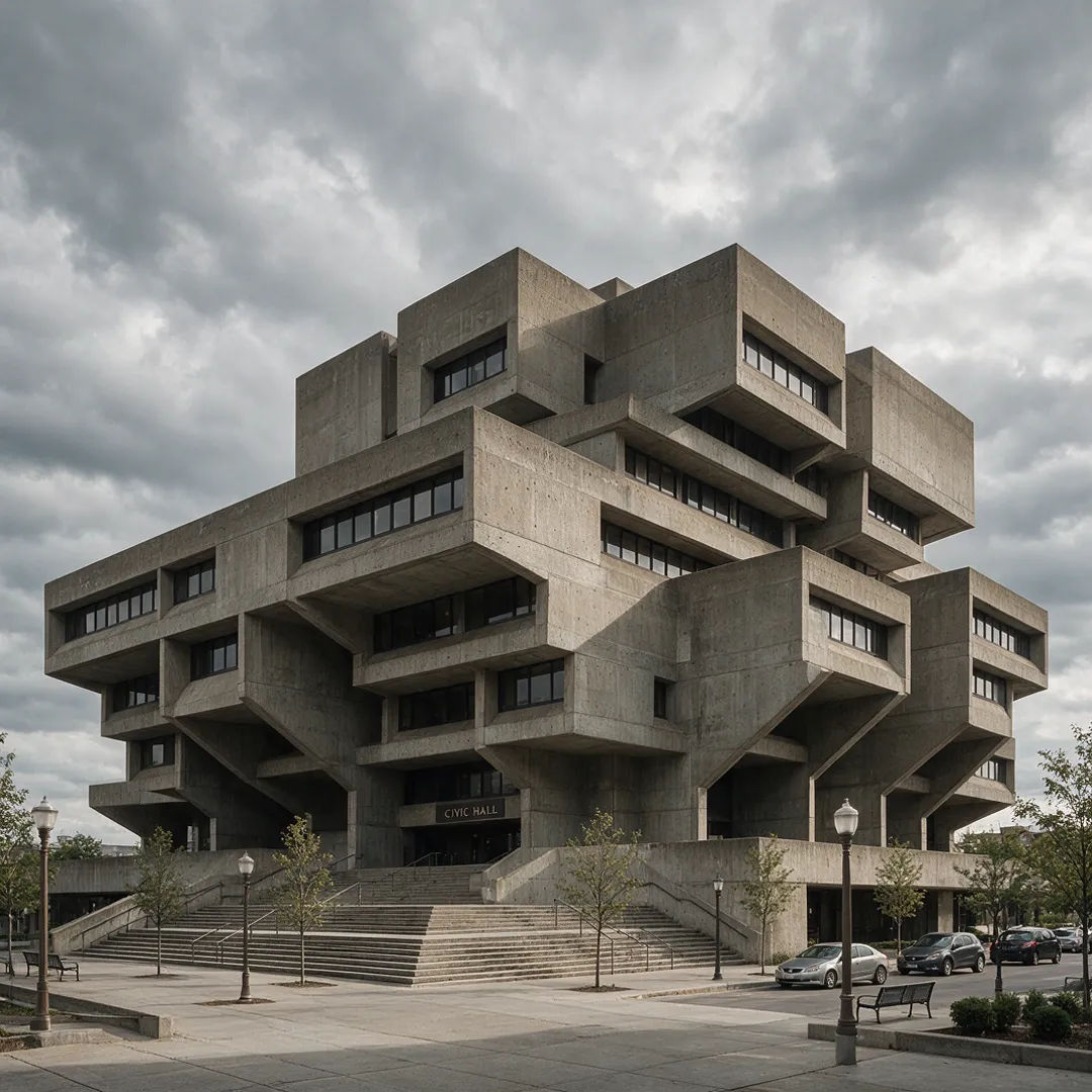 Brutalistisches Betongebäude unter bedecktem Himmel