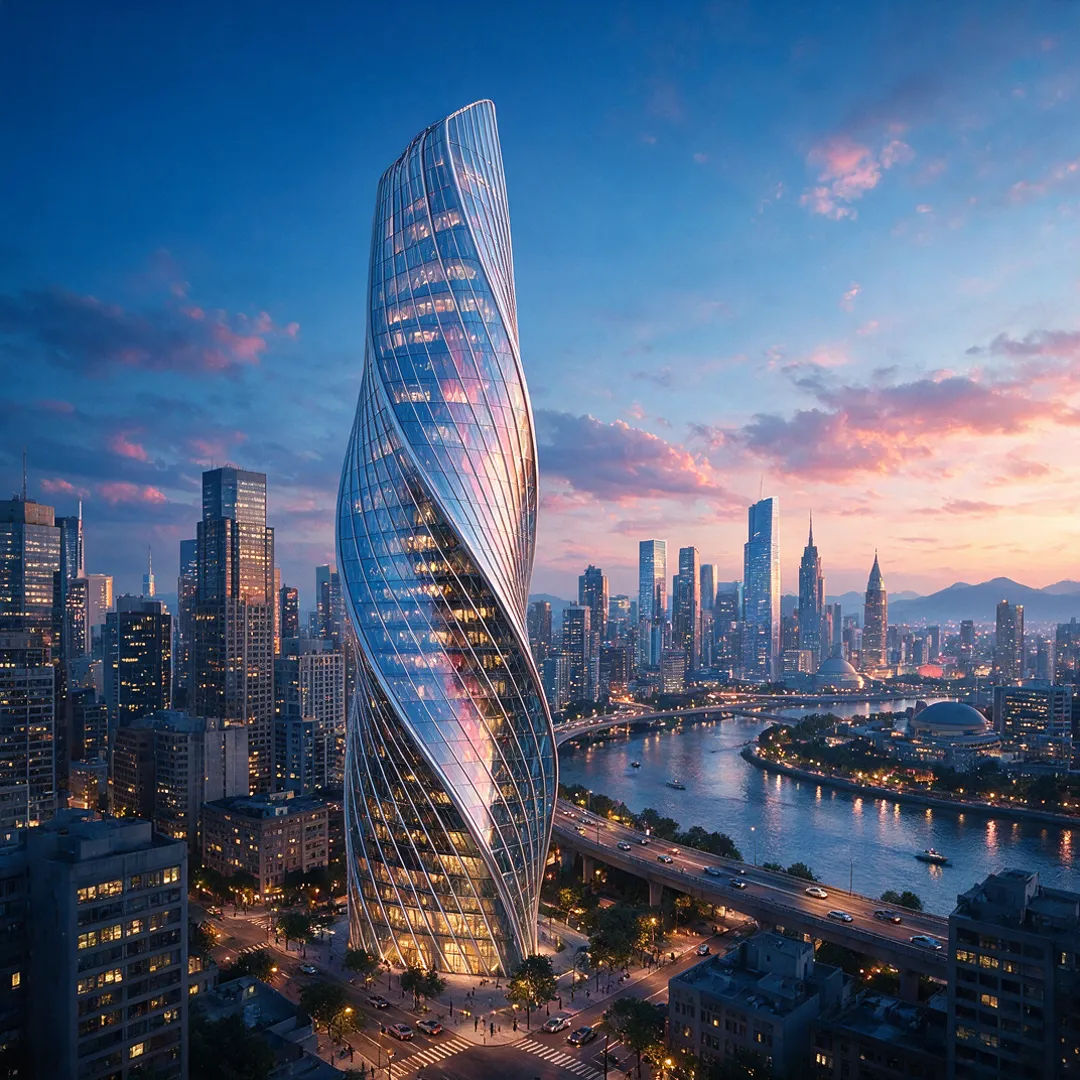 Parametrischer Glasturm vor der Skyline in der Abenddämmerung