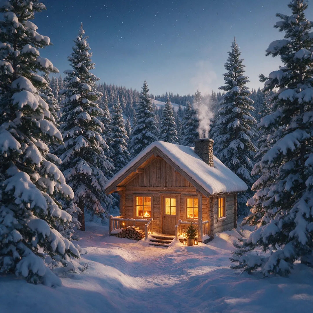 Holzhütte im verschneiten Kiefernwald bei Abenddämmerung