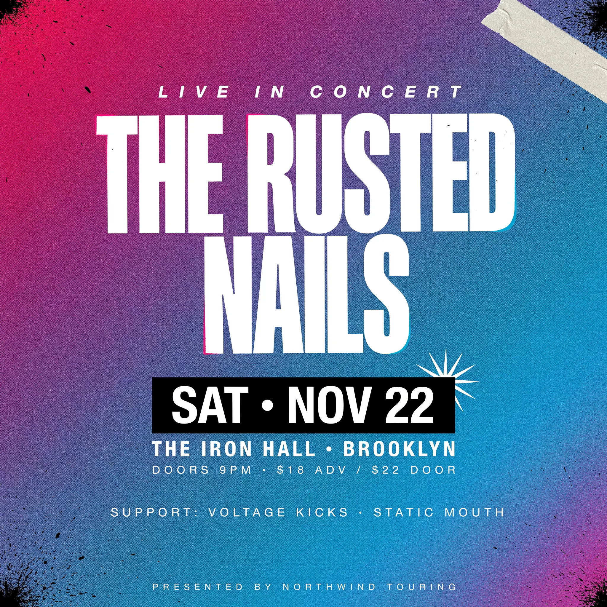 Neon concert flyer with a large band name and clean details