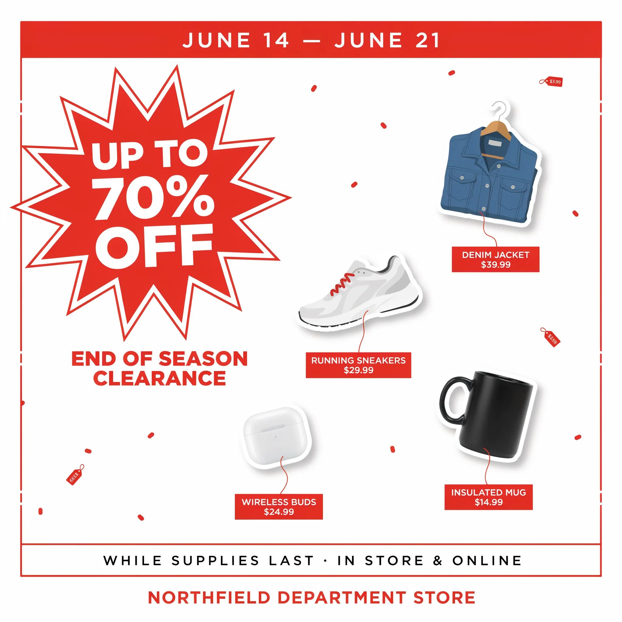 Bright red retail sale flyer with a big percent-off headline