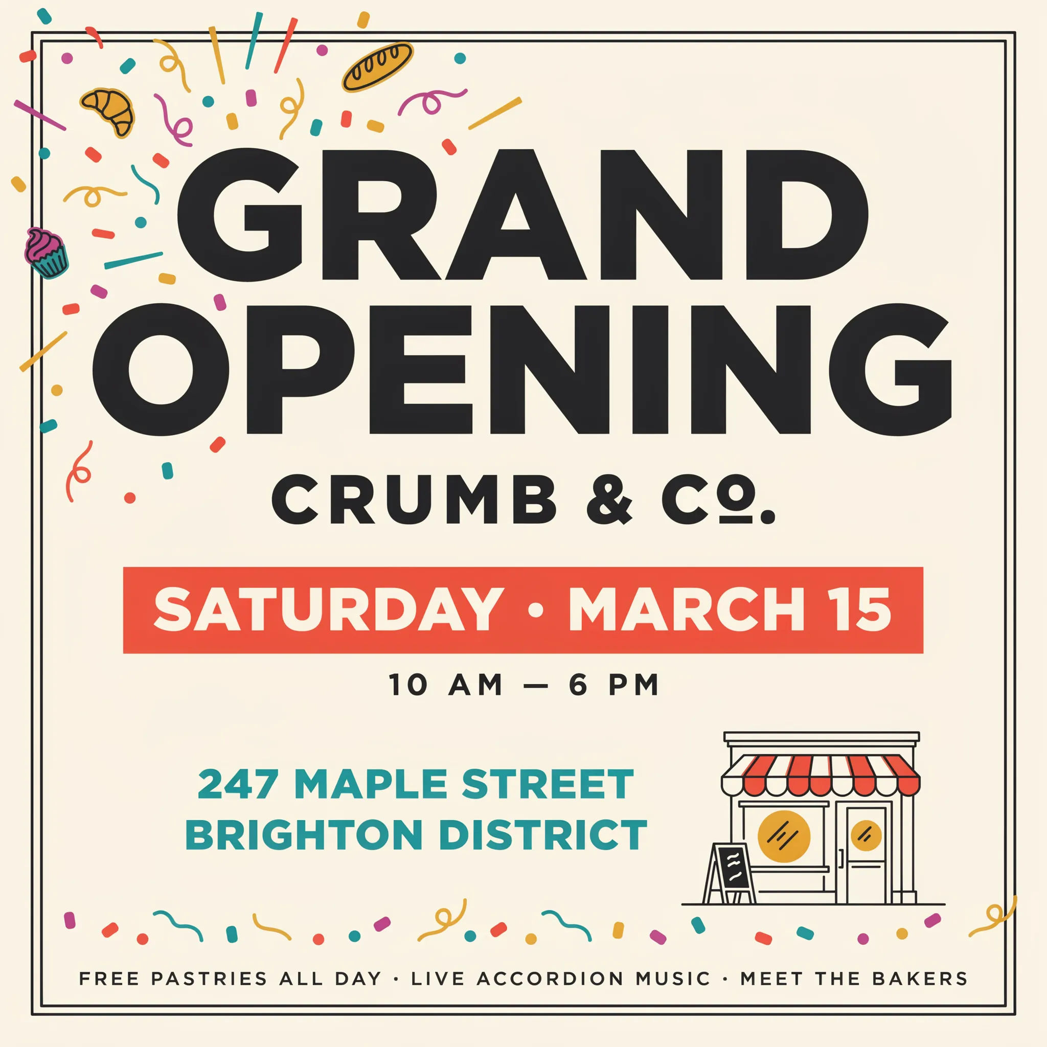 Festive grand opening flyer with confetti and a bold headline