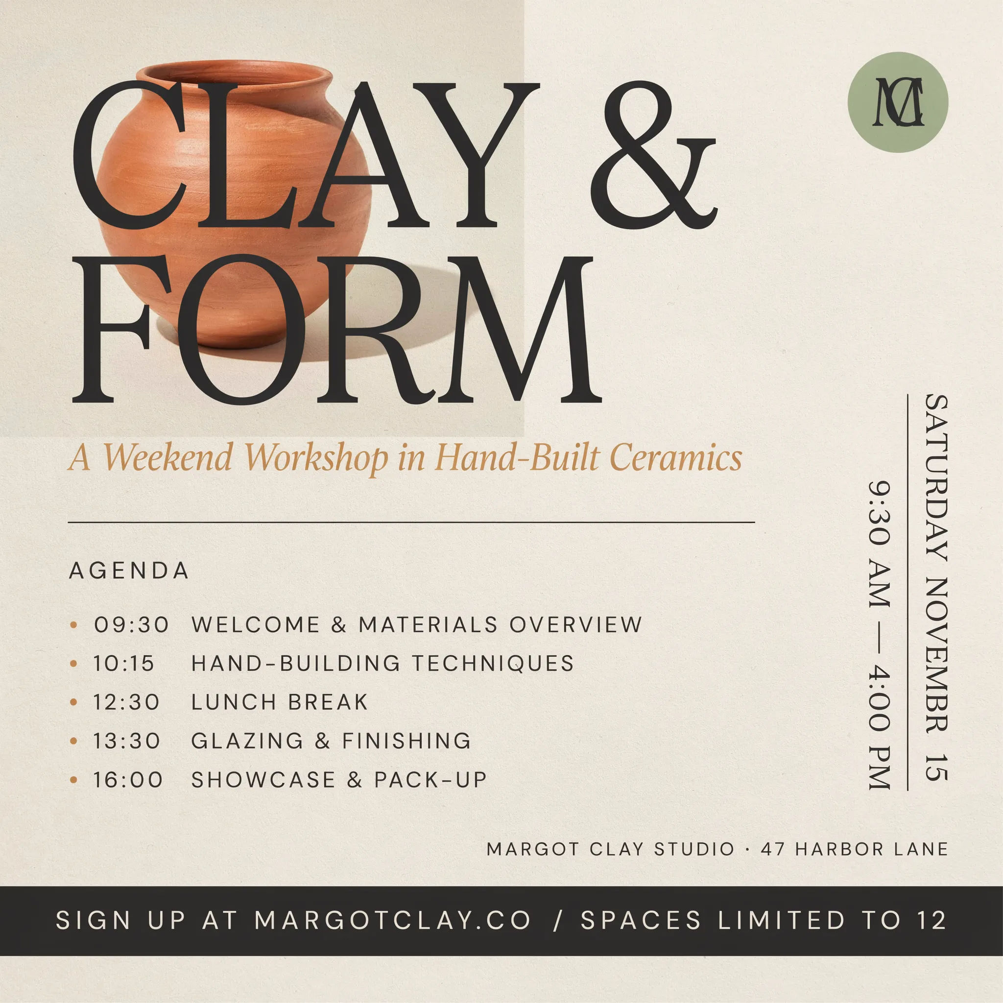 Clean workshop flyer with a muted palette and clear agenda