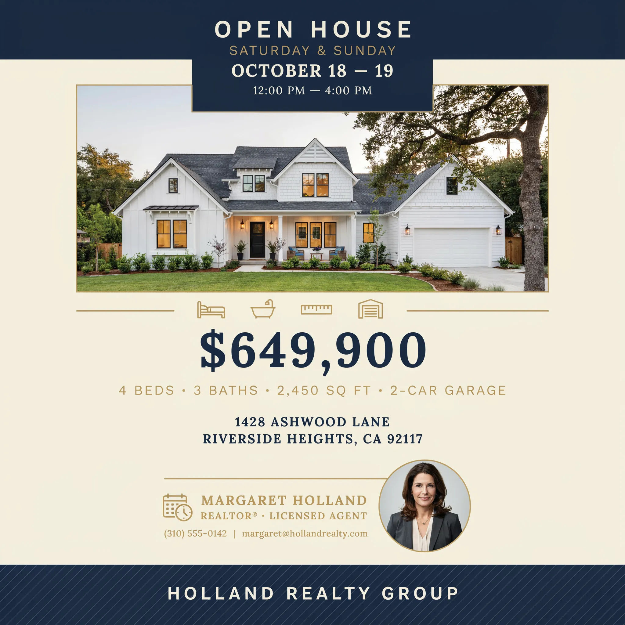 Real estate open house flyer with a photo area and details