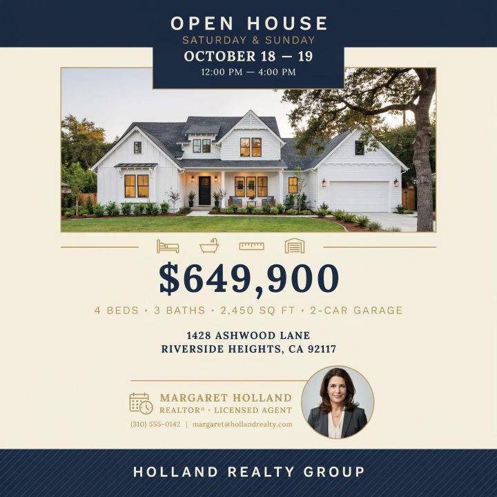 Real estate open house flyer with a photo area and details