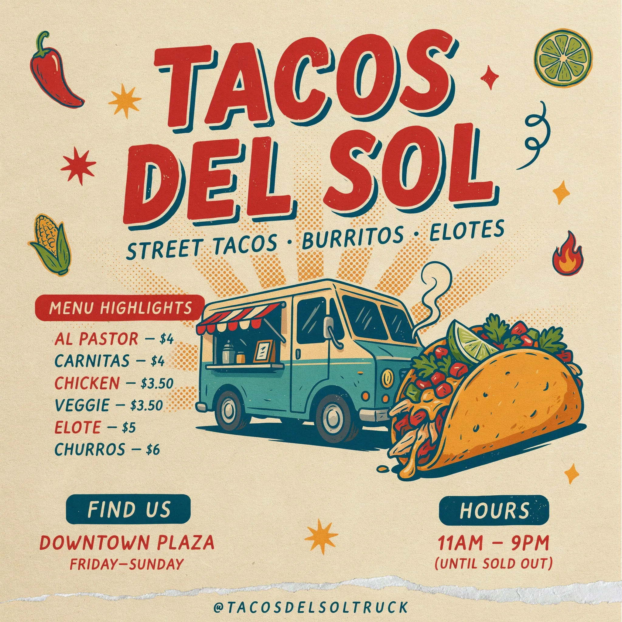 Playful food truck flyer with hand-drawn type and menu items