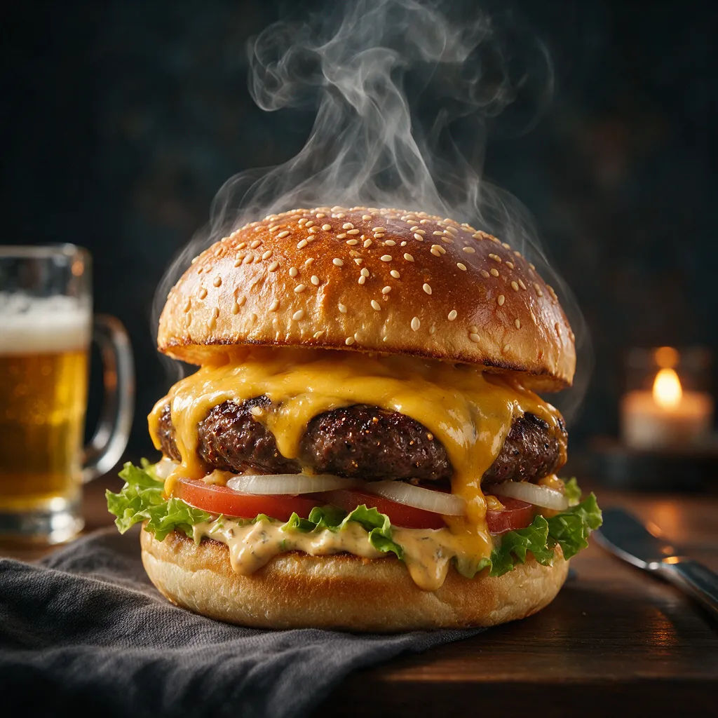 Gourmet cheeseburger with melting cheddar on a dark moody backdrop