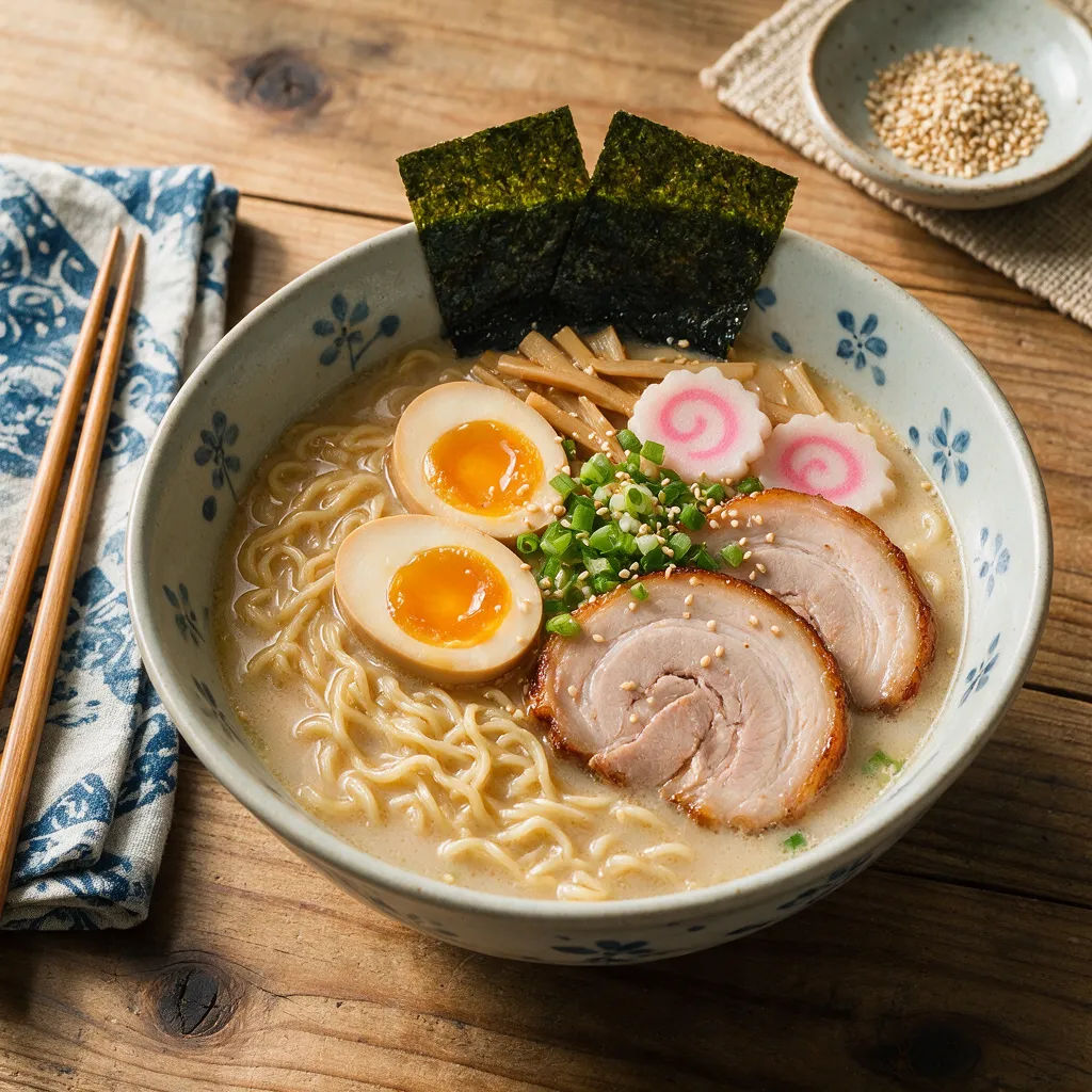 Overhead bowl of tonkotsu ramen with a soft egg and nori