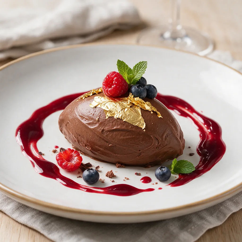 Plated chocolate dessert with a quenelle and berry coulis
