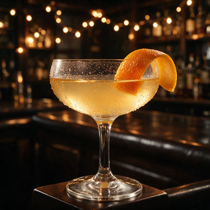 Backlit citrus cocktail in a coupe glass with an orange twist