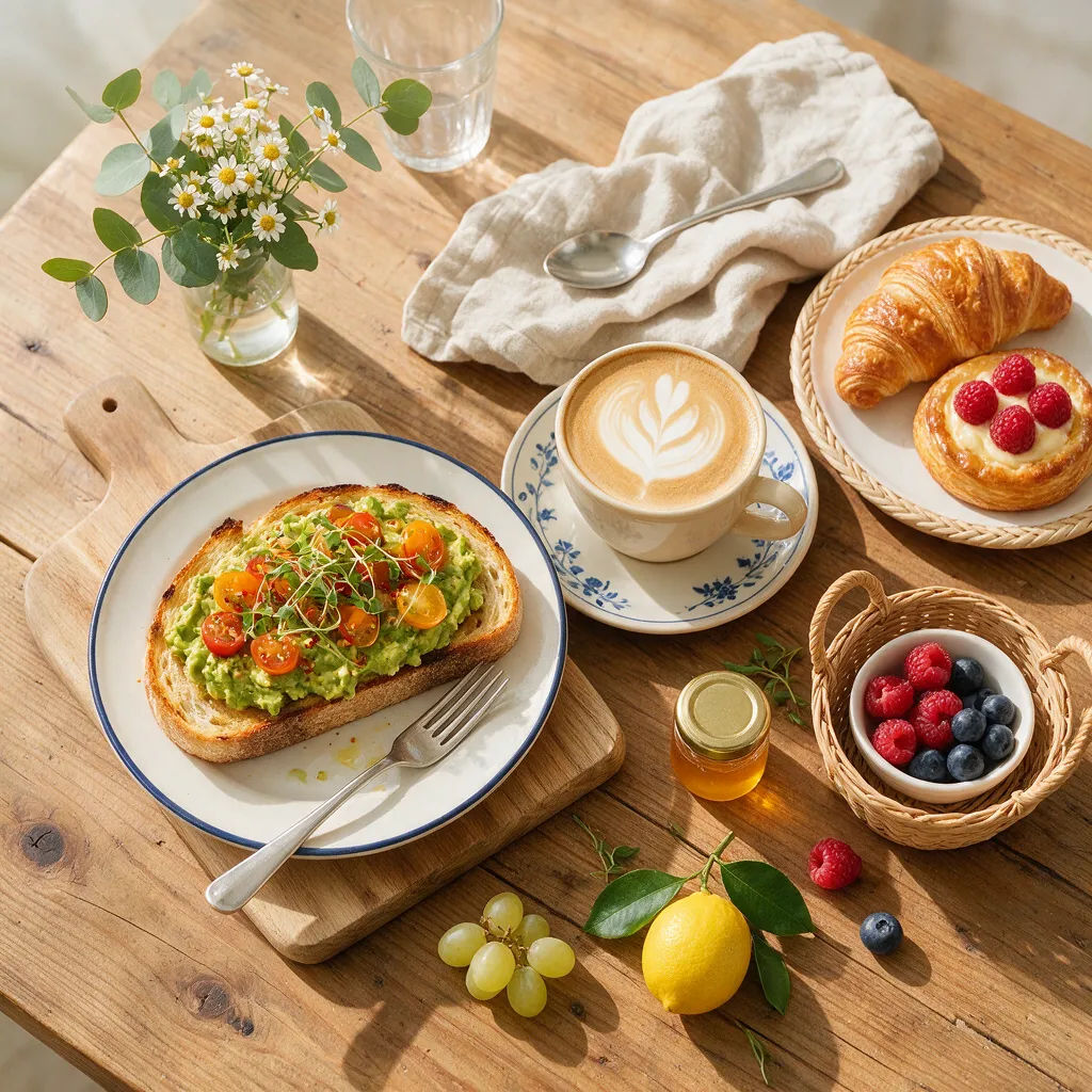 Bright top-down brunch spread with avocado toast and coffee