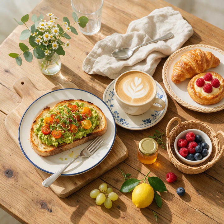 Bright top-down brunch spread with avocado toast and coffee
