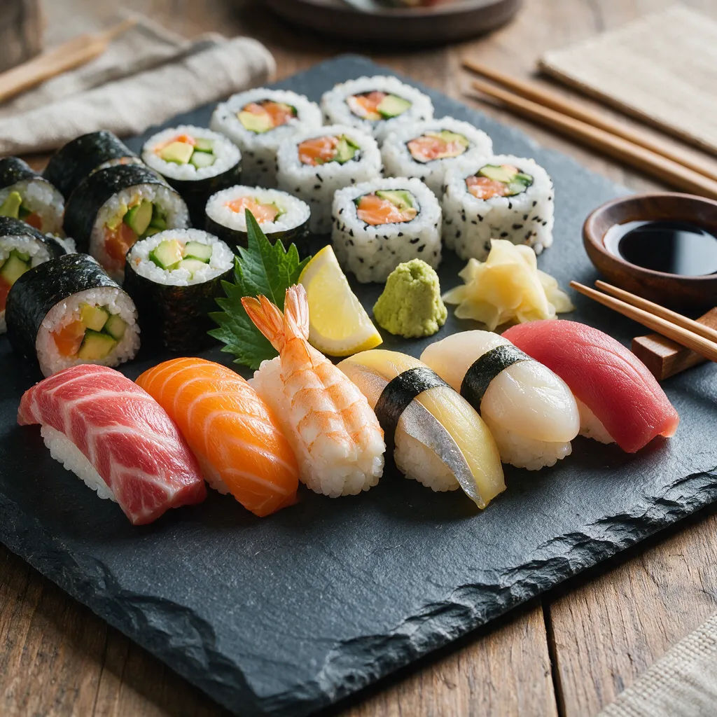 Assorted sushi platter with glossy nigiri on a slate board