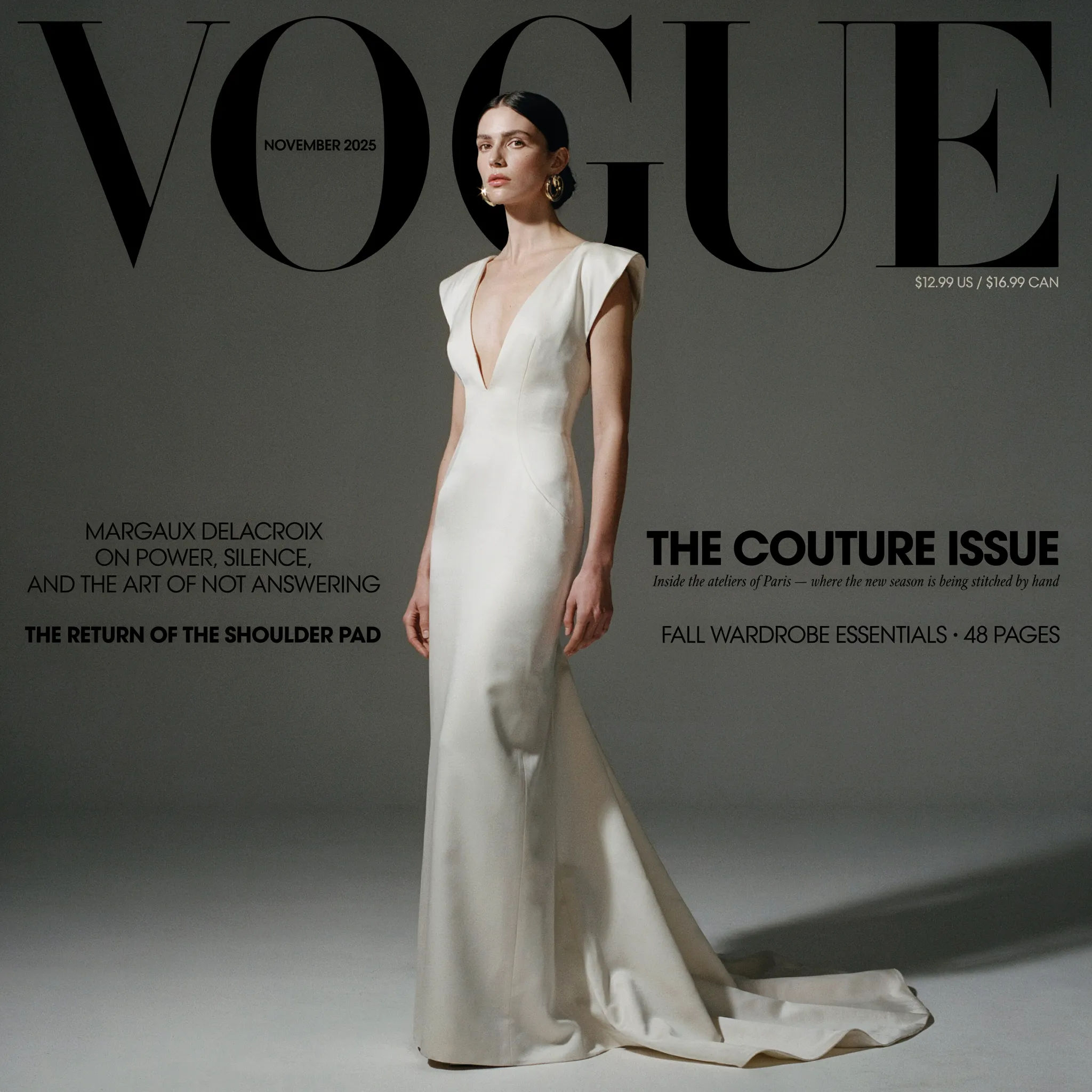 Fashion magazine cover with a serif masthead and couture portrait
